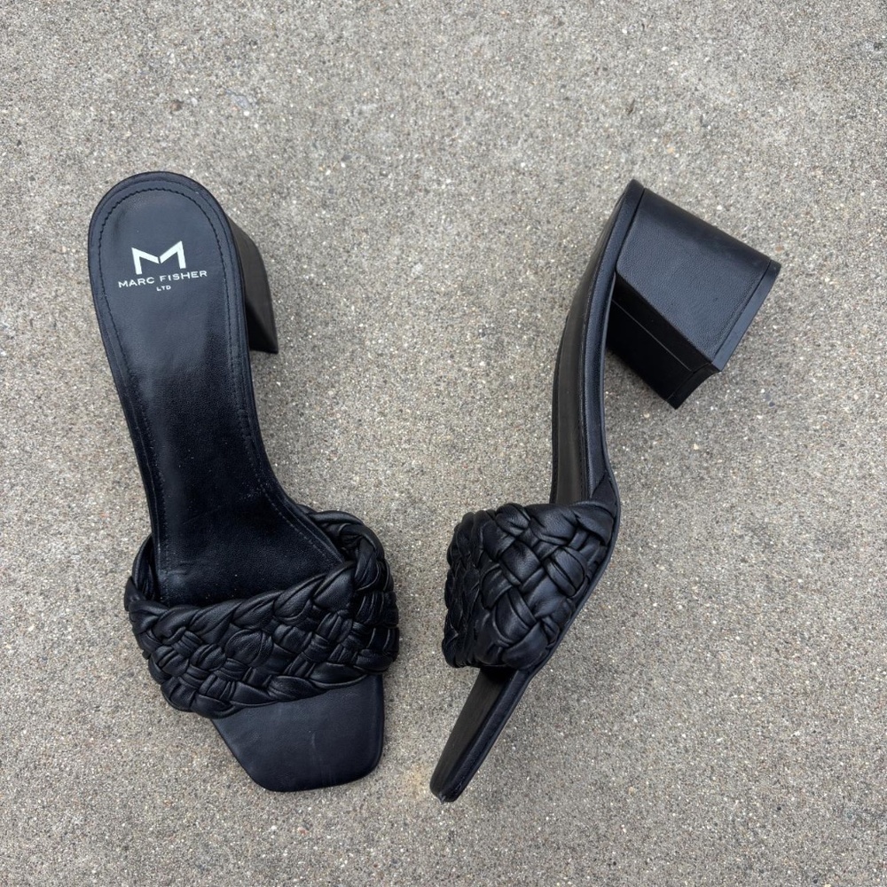 Marc Fisher leather woven sandal block kitten heel